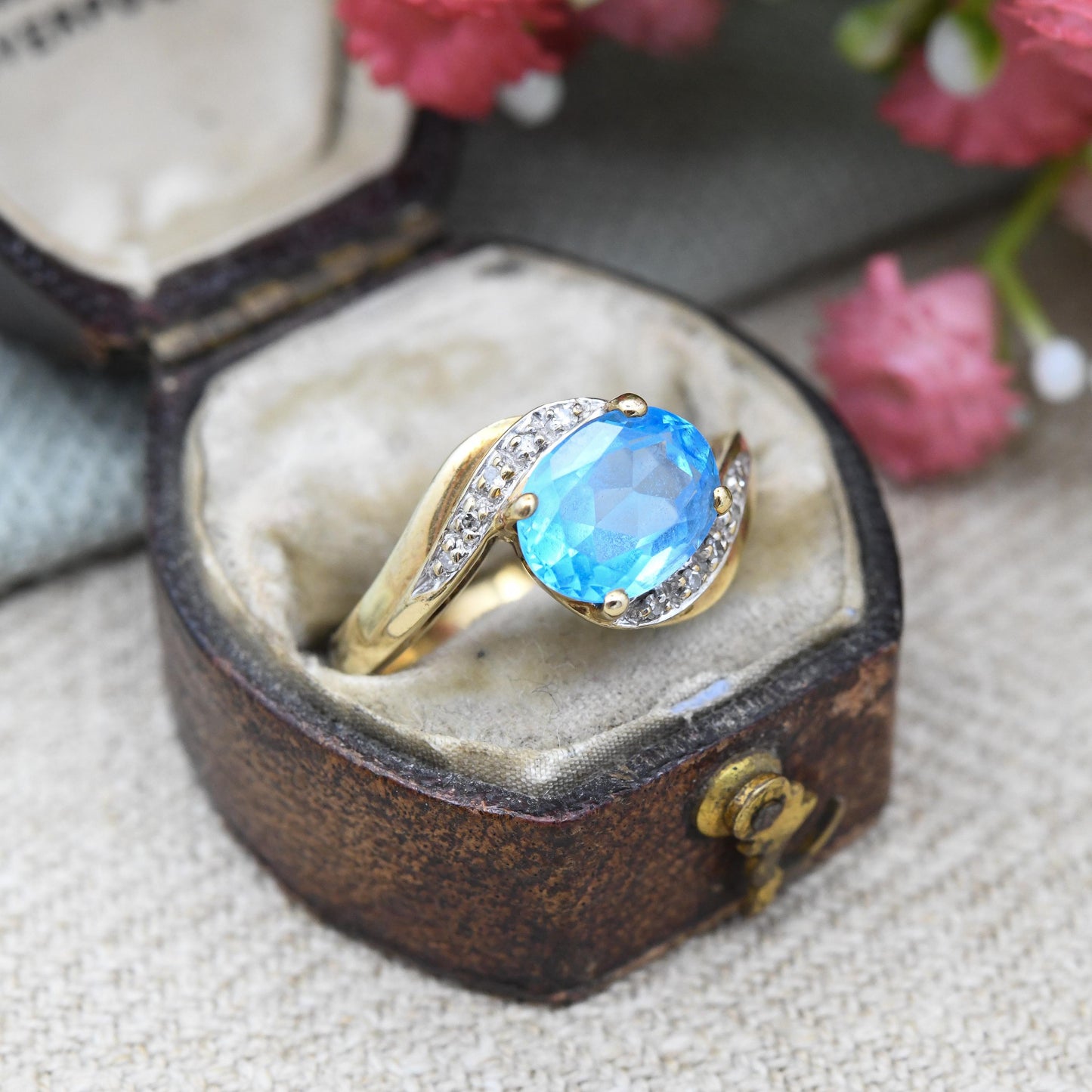 Vintage 9ct Gold QVC Ring with Diamonds 1998 - Cocktail Statement Ring Blue and Clear Stones | Pretty Gift | UK Size - N 1/2 | US Size - 7