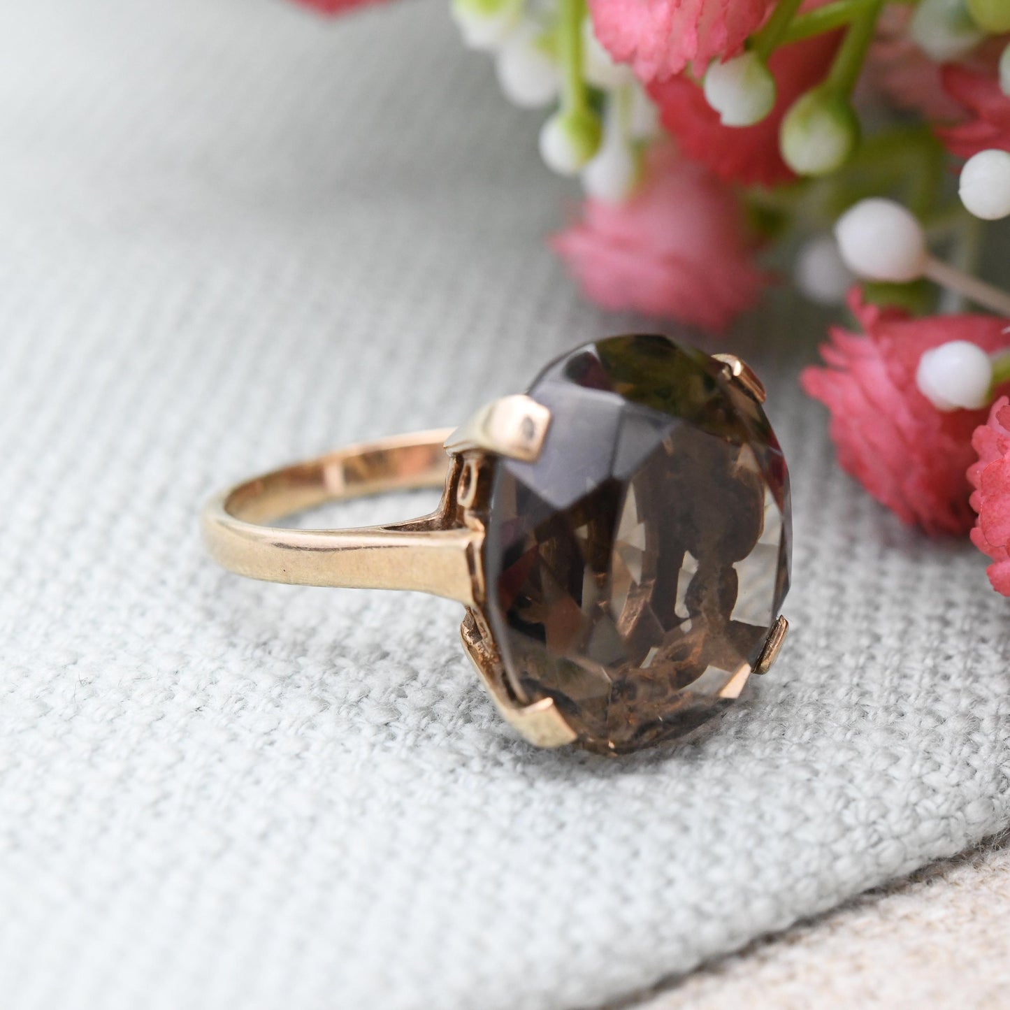 Vintage 9ct Gold Smoky Quartz Statement Ring 1964 - Mid-Century Modern Large Brown Gemstone Cocktail Ring | UK Size - J | US Size - 4 3/4