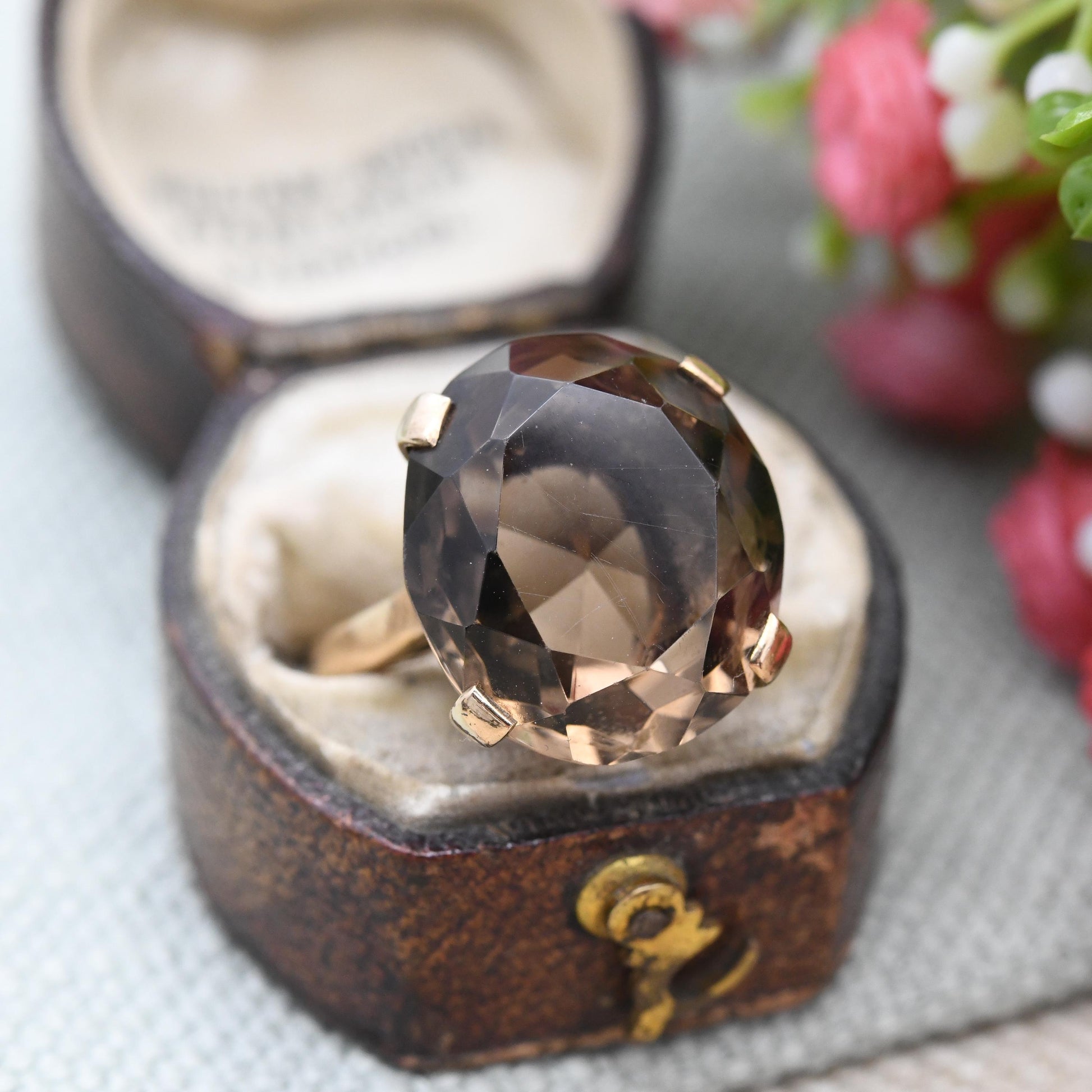 Vintage 9ct Gold Smoky Quartz Statement Ring 1964 - Mid-Century Modern Large Brown Gemstone Cocktail Ring | UK Size - J | US Size - 4 3/4