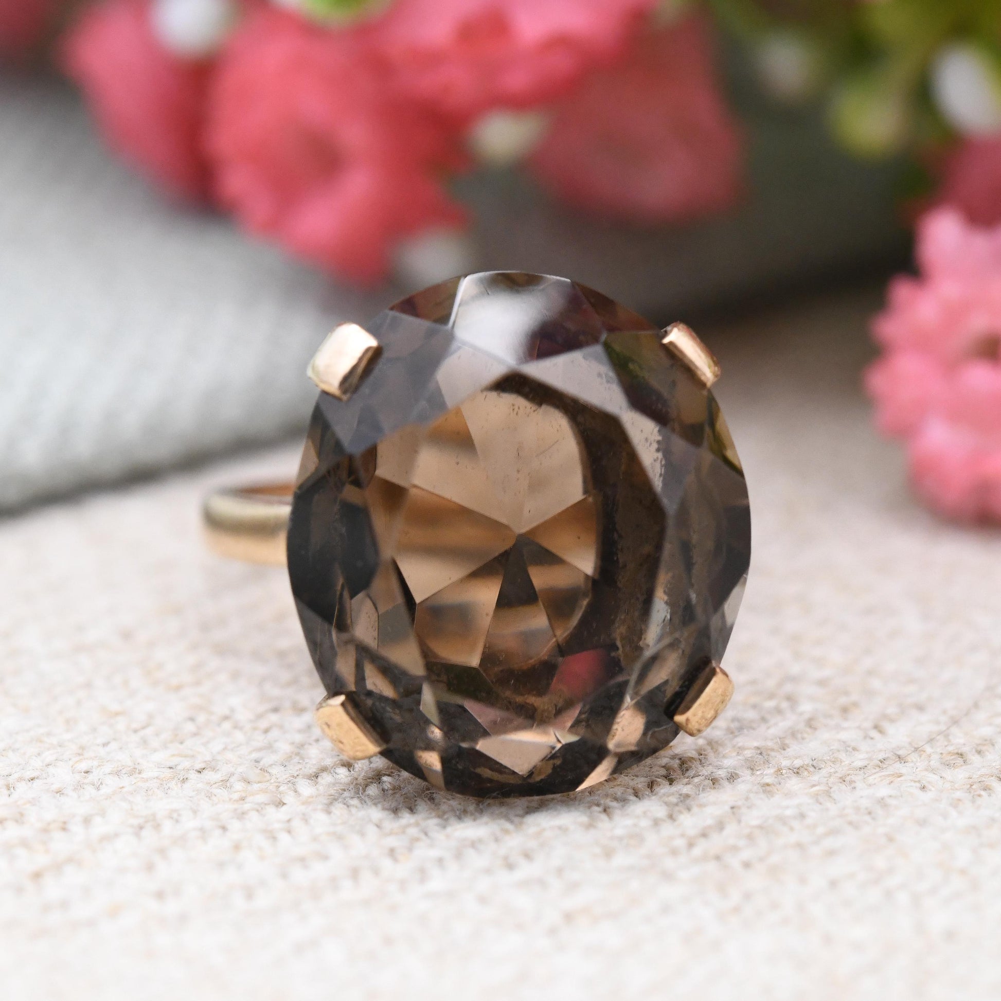 Vintage 9ct Gold Smoky Quartz Statement Ring 1964 - Mid-Century Modern Large Brown Gemstone Cocktail Ring | UK Size - J | US Size - 4 3/4