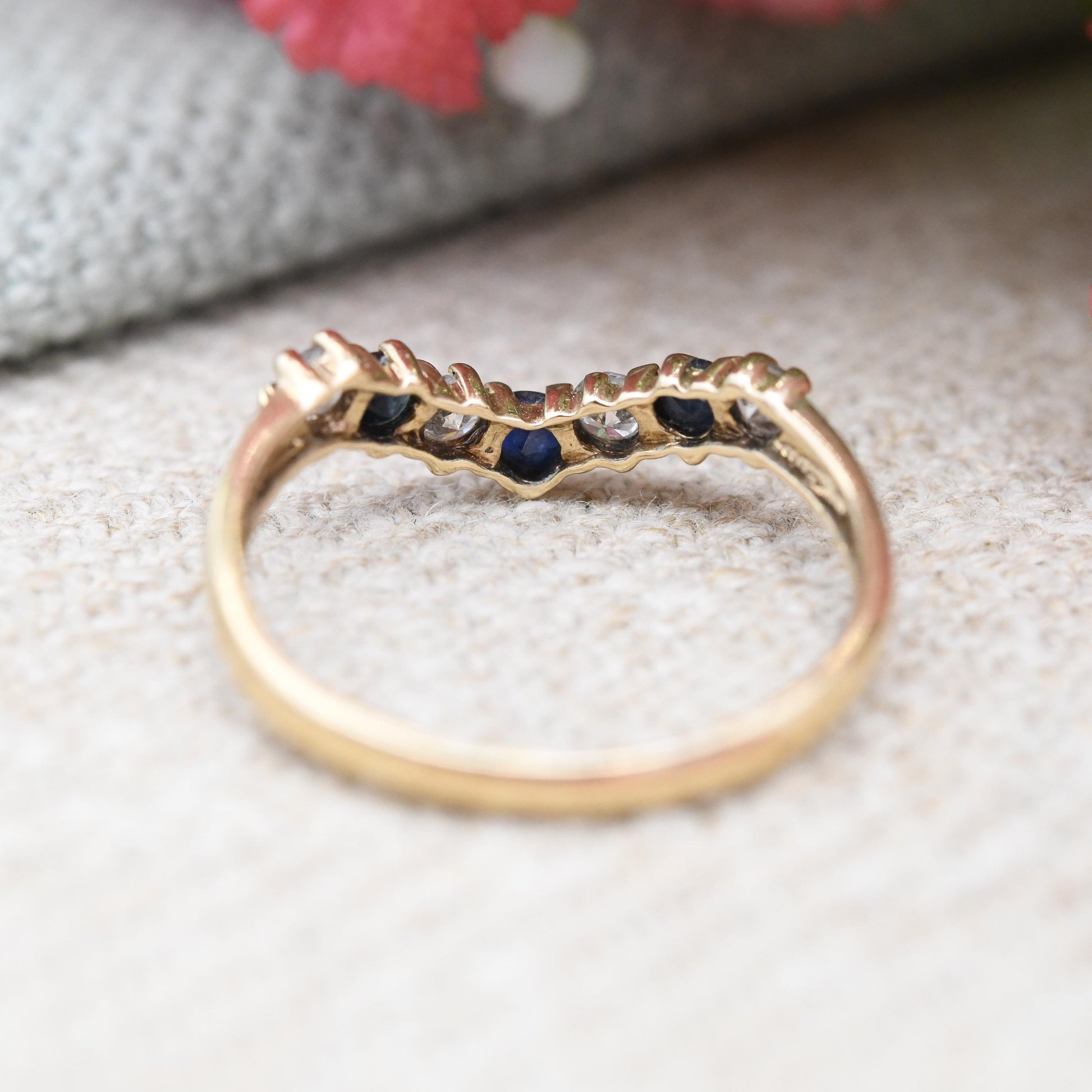 Vintage 9ct Gold Sapphire & Cubic Zirconia Wishbone Ring - CZ and Blue Engagement Ring Delicate Stacker | UK Size - I 1/2 | US Size - 4 1/2