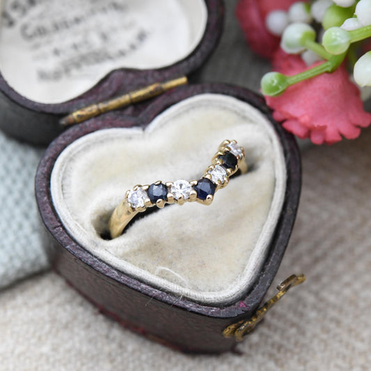 Vintage 9ct Gold Sapphire & Cubic Zirconia Wishbone Ring - CZ and Blue Engagement Ring Delicate Stacker | UK Size - I 1/2 | US Size - 4 1/2