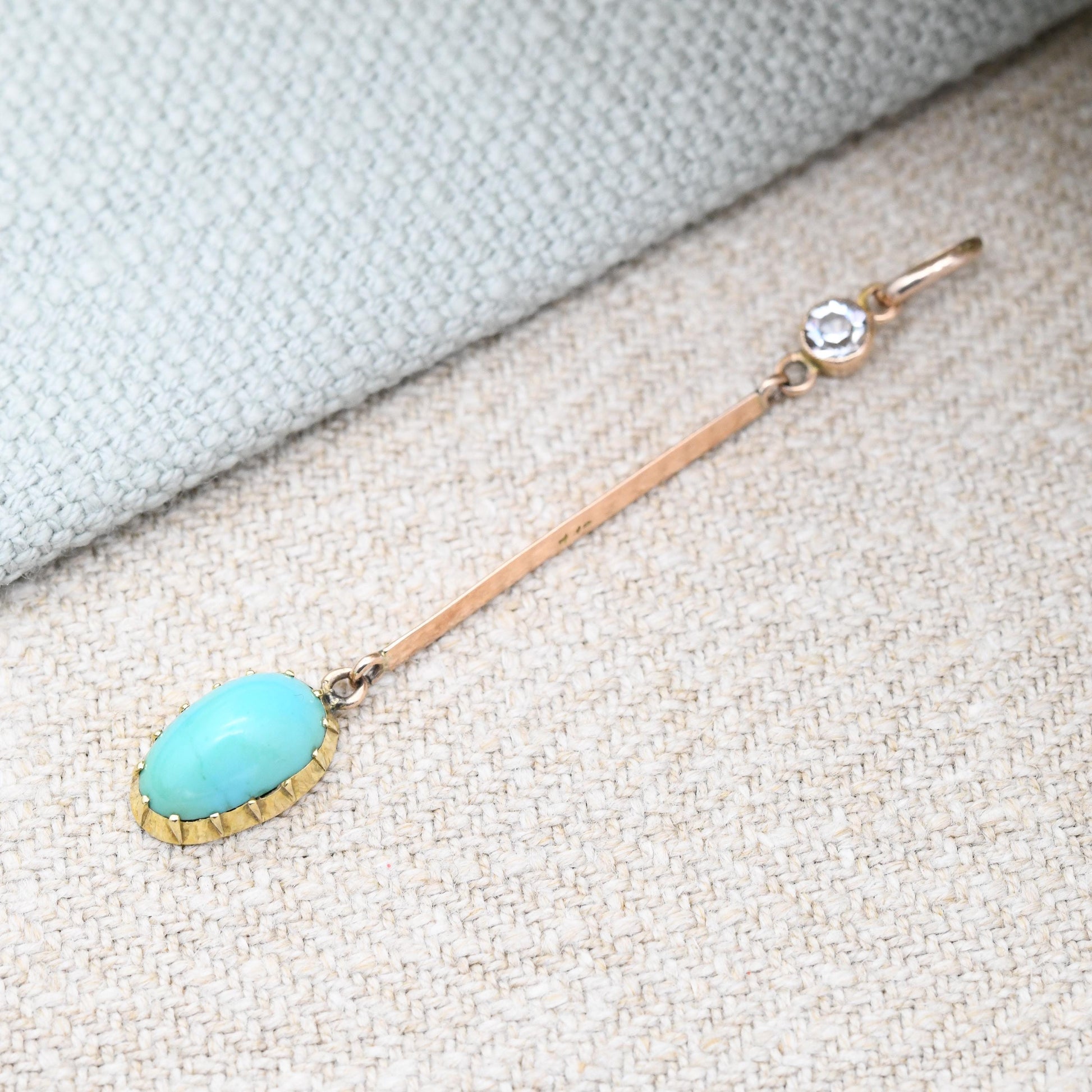 Antique 9ct Gold Turquoise and Paste Pendant with Long Bar and Articulated Drop - Edwardian Rose Gold Yellow Gold Two Tone Jewellery