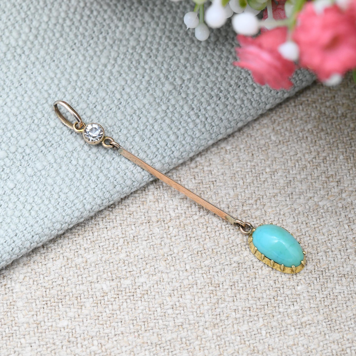 Antique 9ct Gold Turquoise and Paste Pendant with Long Bar and Articulated Drop - Edwardian Rose Gold Yellow Gold Two Tone Jewellery