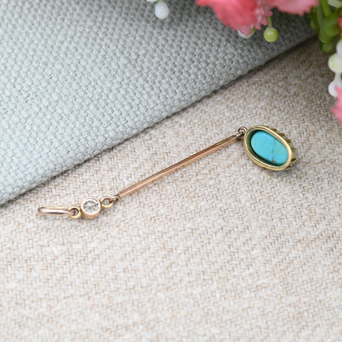 Antique 9ct Gold Turquoise and Paste Pendant with Long Bar and Articulated Drop - Edwardian Rose Gold Yellow Gold Two Tone Jewellery