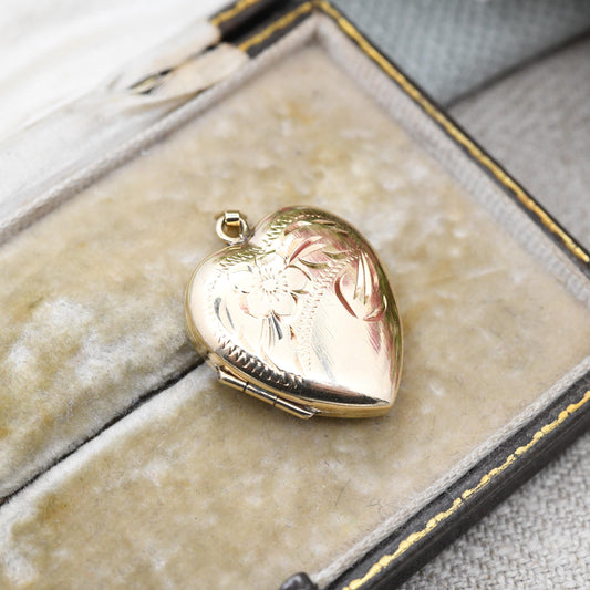 Vintage 9ct Gold Heart Locket Pendant with Engraved Flower Design 1979 - Love Heart Locket Charm Pendant | Jewellery Gift for Her