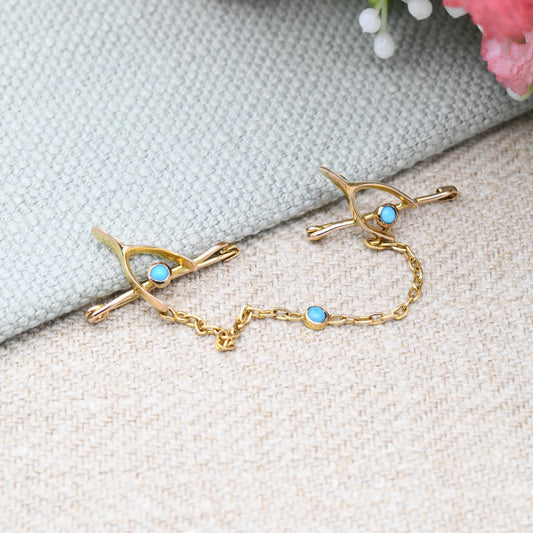 Antique 9ct Gold Turquoise Twin Wishbone Brooch with Chain Connector - Blue Stones | Edwardian Victorian Good Luck Jewellery