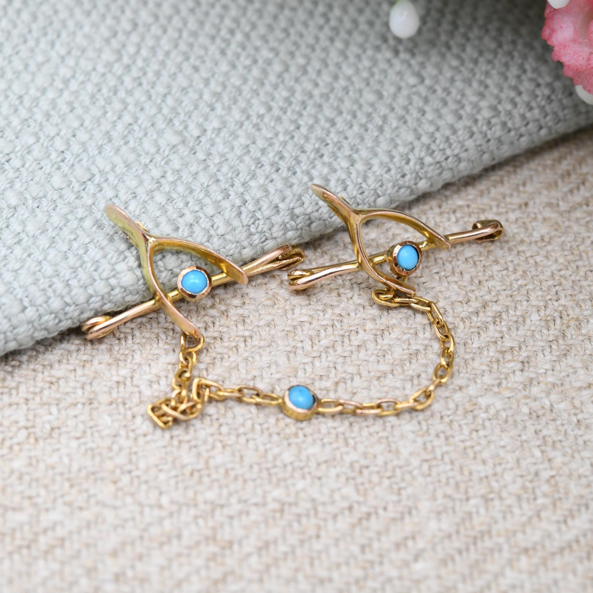 Antique 9ct Gold Turquoise Twin Wishbone Brooch with Chain Connector - Blue Stones | Edwardian Victorian Good Luck Jewellery