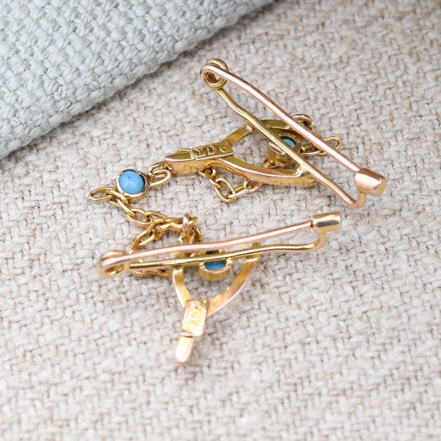 Antique 9ct Gold Turquoise Twin Wishbone Brooch with Chain Connector - Blue Stones | Edwardian Victorian Good Luck Jewellery