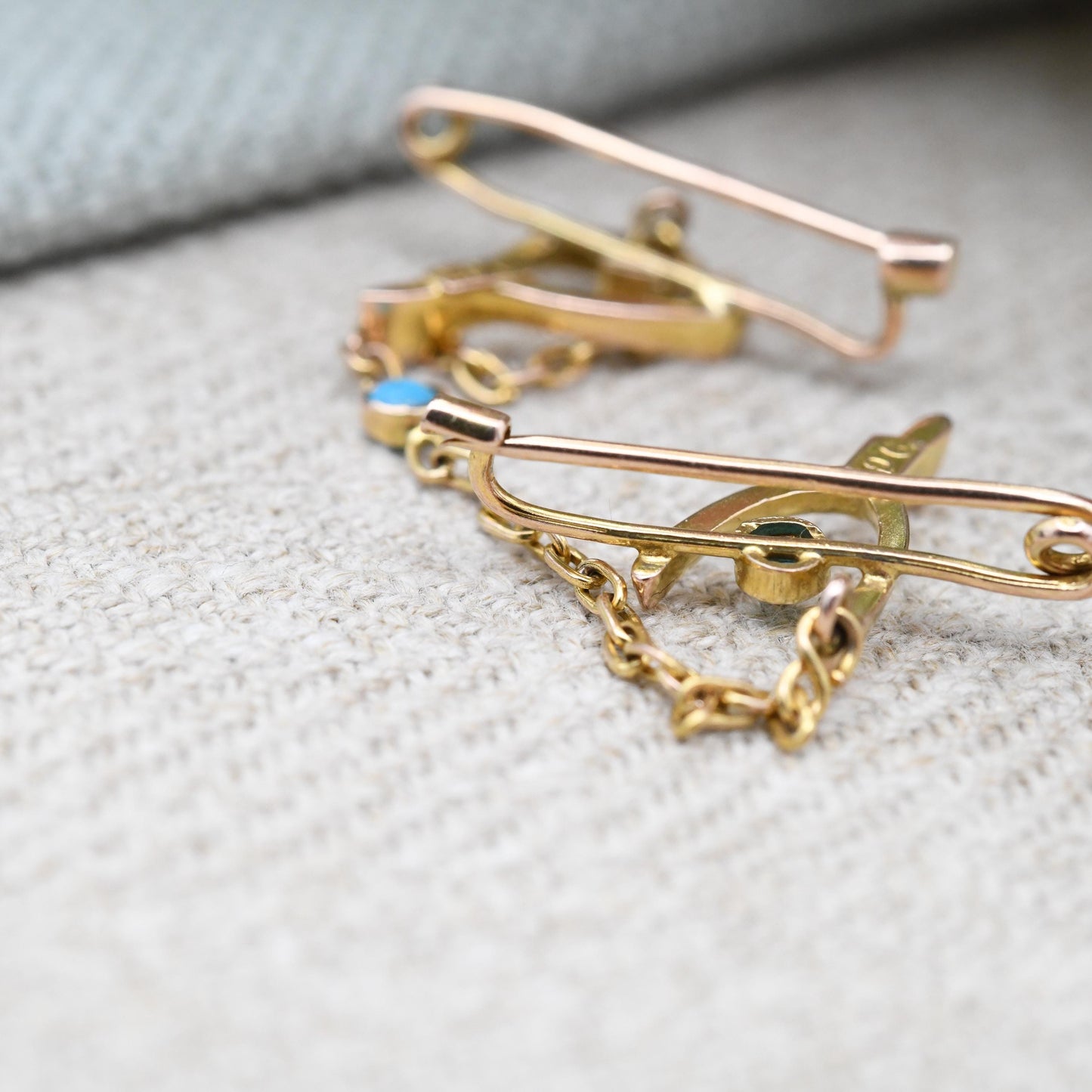 Antique 9ct Gold Turquoise Twin Wishbone Brooch with Chain Connector - Blue Stones | Edwardian Victorian Good Luck Jewellery