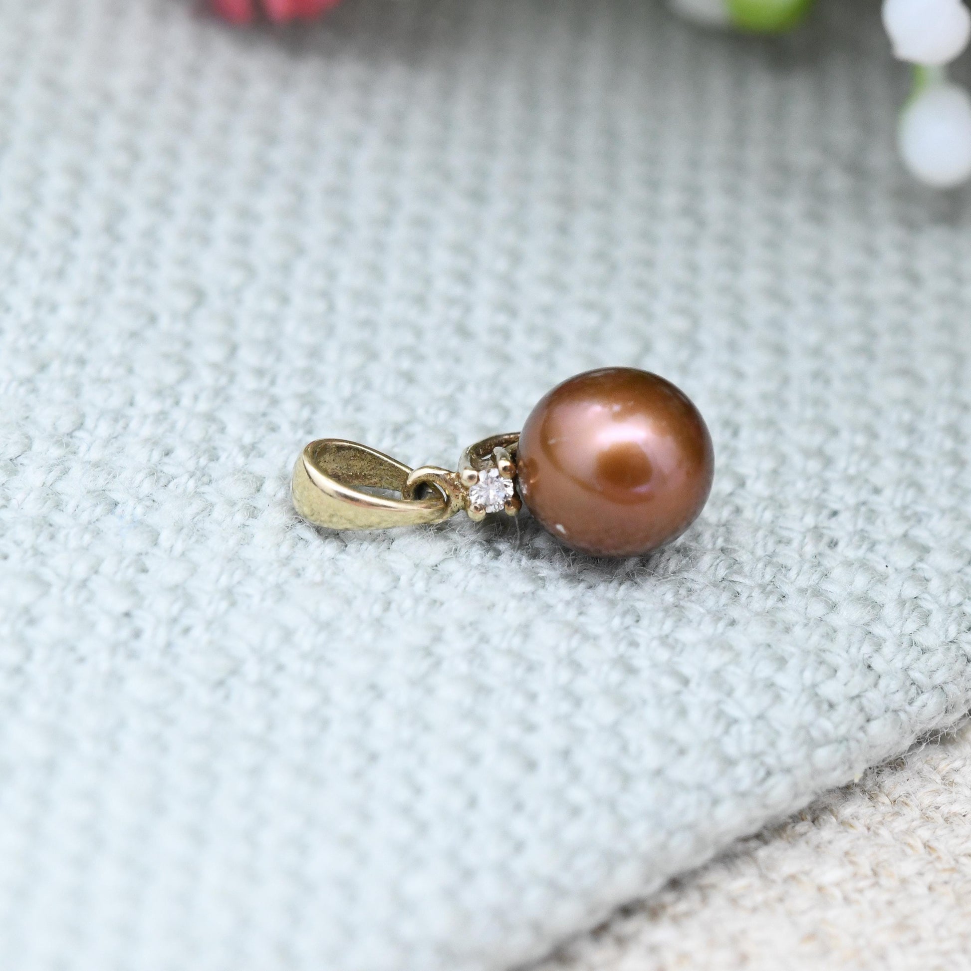 Vintage 9ct Gold Pearl and Diamond Pendant - Small Brown Pearl Pendant Charm for Necklace Stack