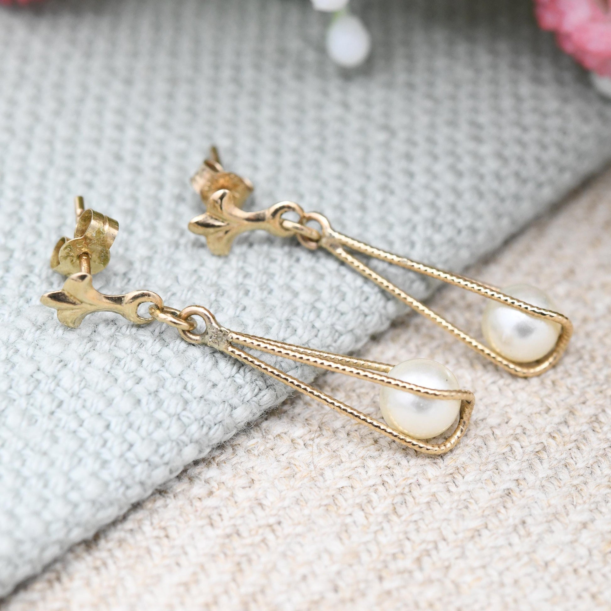 Vintage 9ct Gold Faux Pearl Cage Drop Earrings - Textured Gold Dangle Stud Earrings | White Round Ball