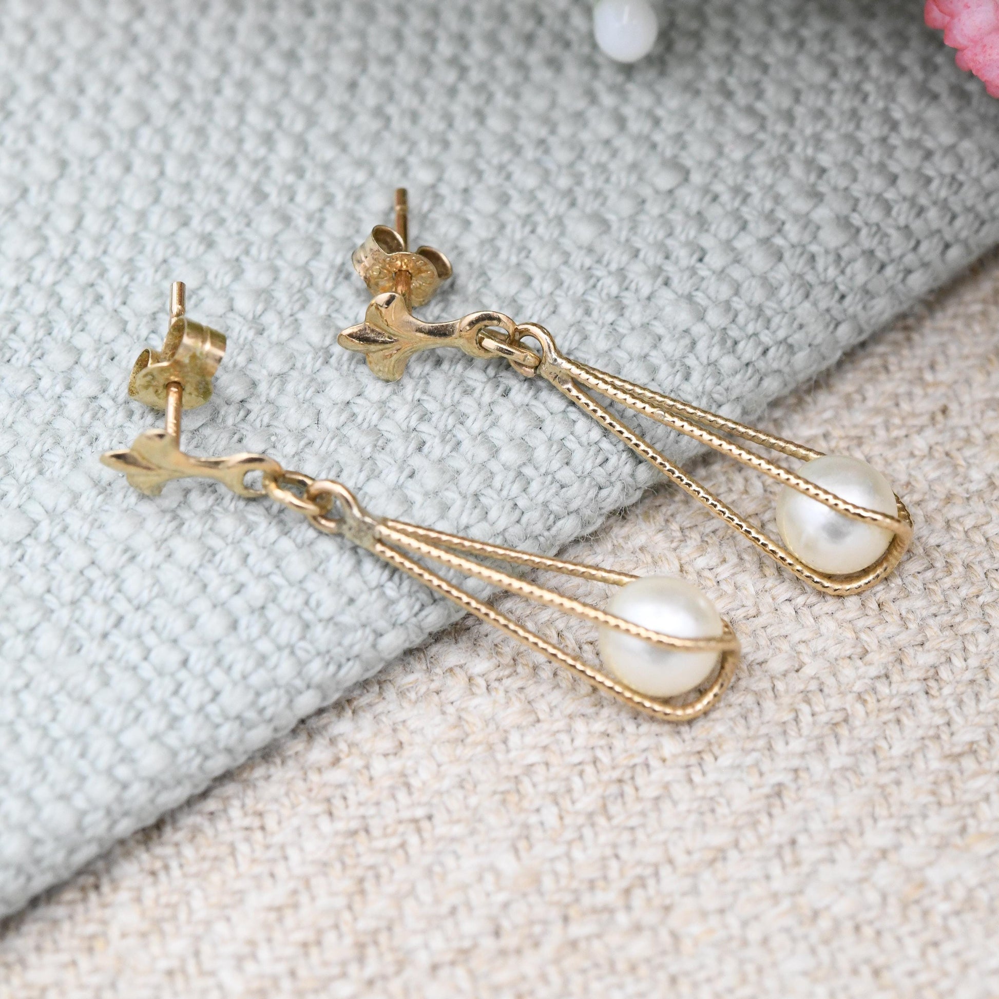 Vintage 9ct Gold Faux Pearl Cage Drop Earrings - Textured Gold Dangle Stud Earrings | White Round Ball