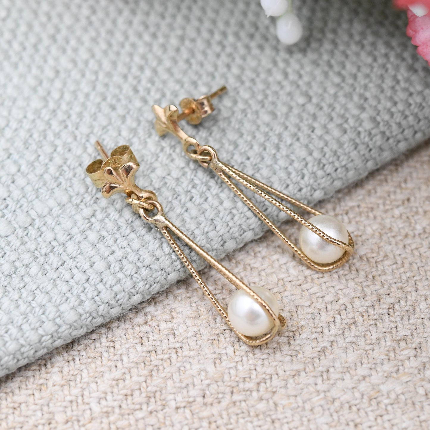 Vintage 9ct Gold Faux Pearl Cage Drop Earrings - Textured Gold Dangle Stud Earrings | White Round Ball