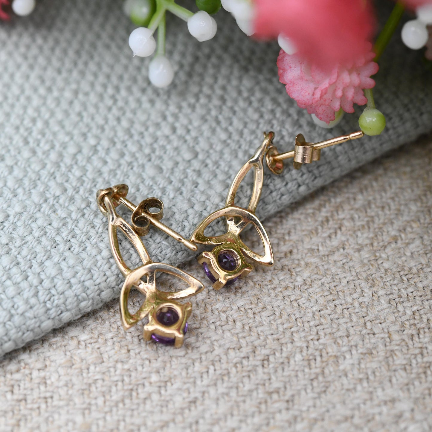 Vintage 9ct Gold Celtic Knot Amethyst Drop Earrings with Triquetra Design - Solid Gold Jewellery Gift for Her