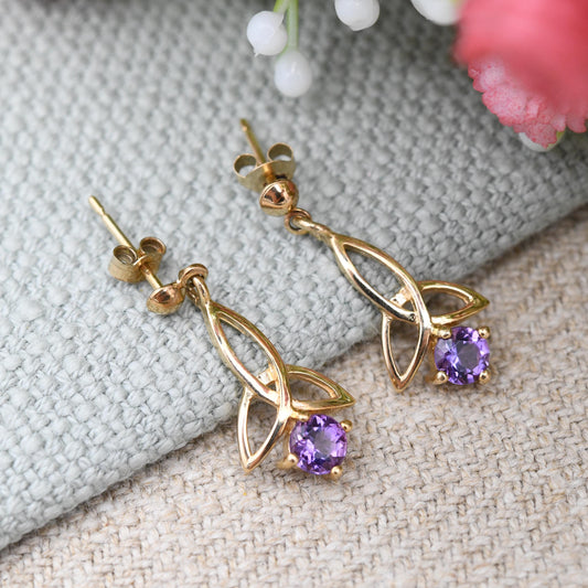 Vintage 9ct Gold Celtic Knot Amethyst Drop Earrings with Triquetra Design - Solid Gold Jewellery Gift for Her