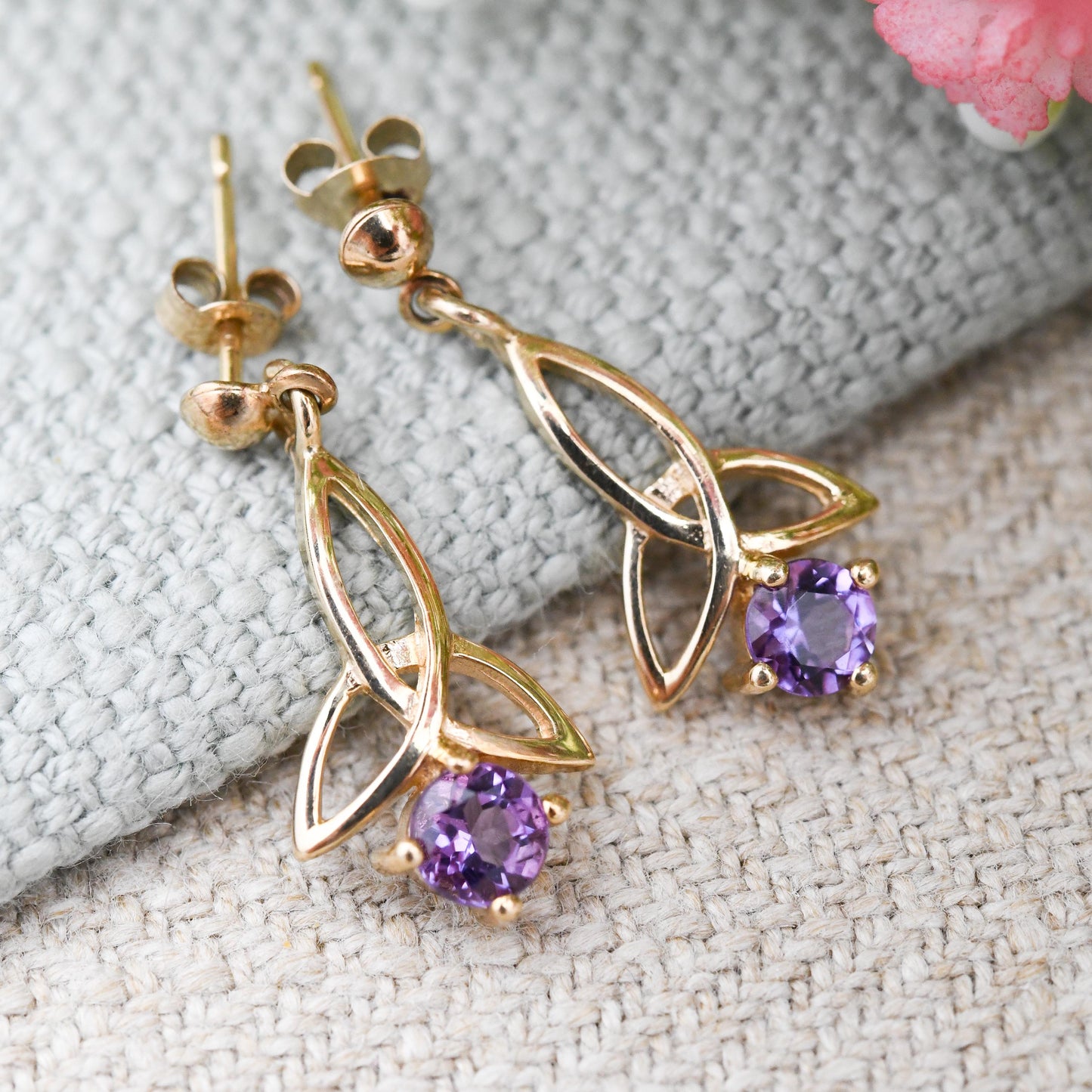 Vintage 9ct Gold Celtic Knot Amethyst Drop Earrings with Triquetra Design - Solid Gold Jewellery Gift for Her