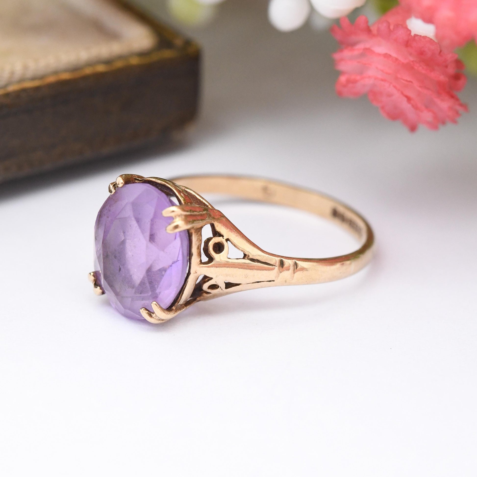 Vintage 9ct Gold Amethyst Ring 1971 - Mid-Century Large Purple Stone Solitaire | Small Size | UK Size - K | US Size - 5 1/4