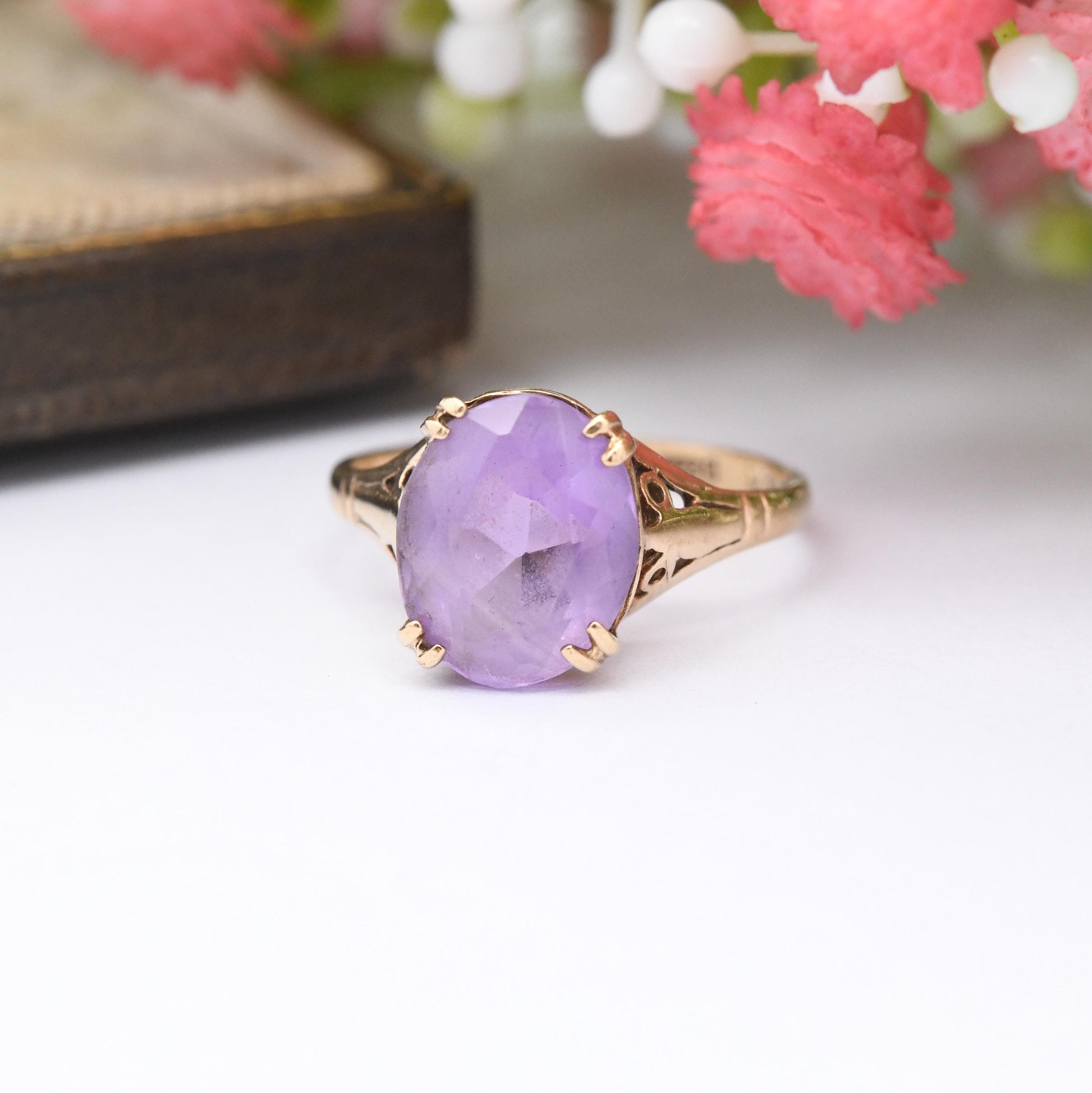 Vintage 9ct Gold Amethyst Ring 1971 - Mid-Century Large Purple Stone Solitaire | Small Size | UK Size - K | US Size - 5 1/4