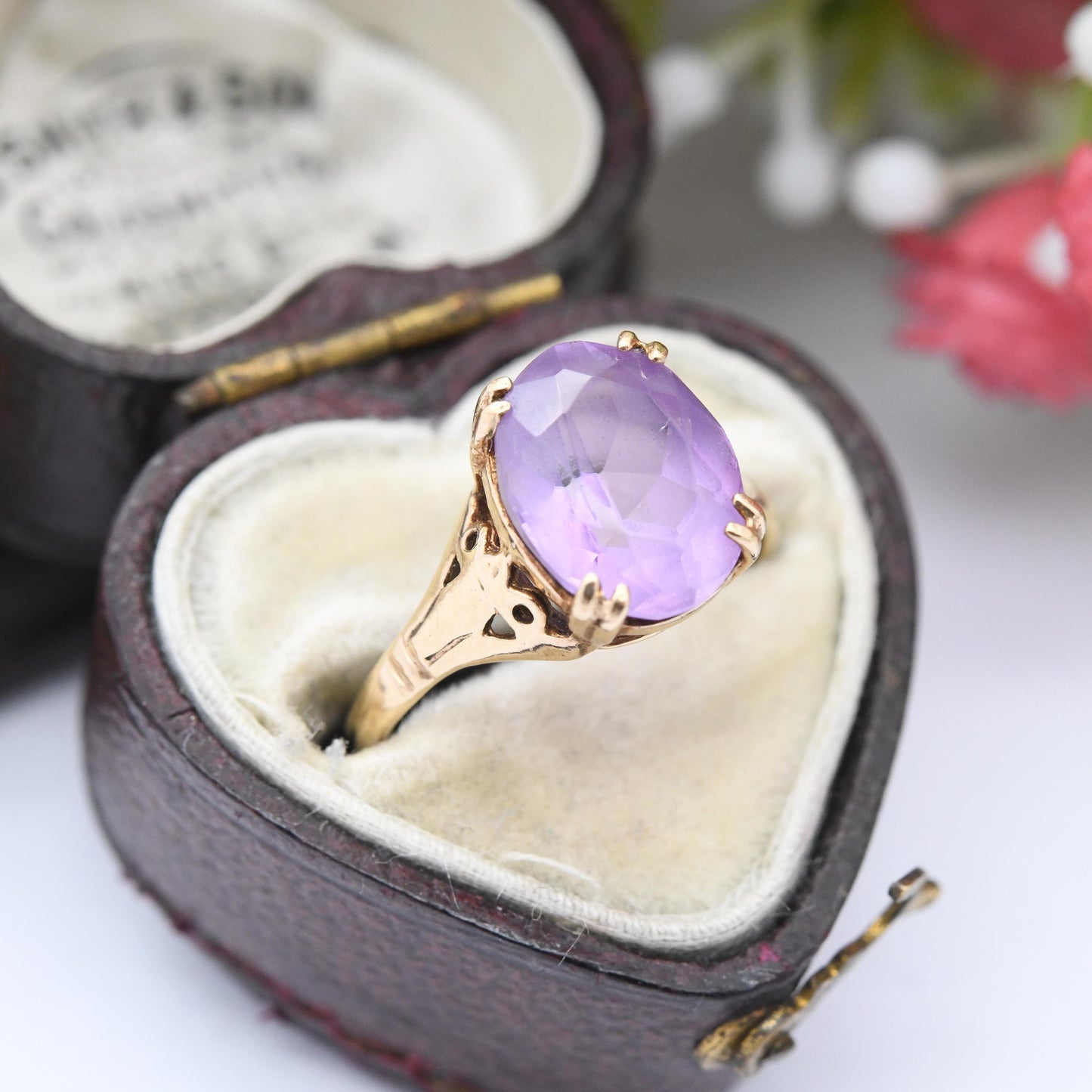 Vintage 9ct Gold Amethyst Ring 1971 - Mid-Century Large Purple Stone Solitaire | Small Size | UK Size - K | US Size - 5 1/4