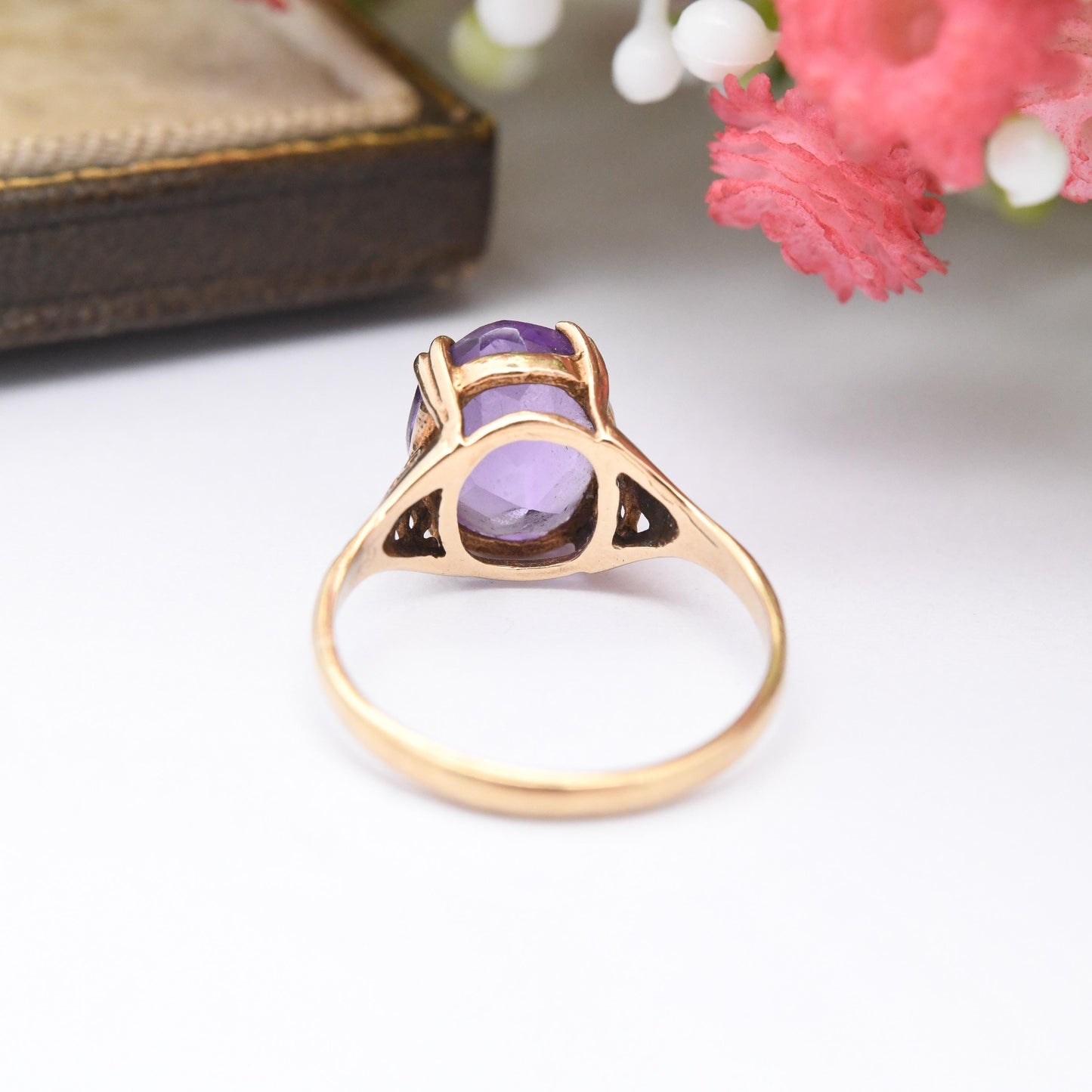 Vintage 9ct Gold Amethyst Ring 1971 - Mid-Century Large Purple Stone Solitaire | Small Size | UK Size - K | US Size - 5 1/4