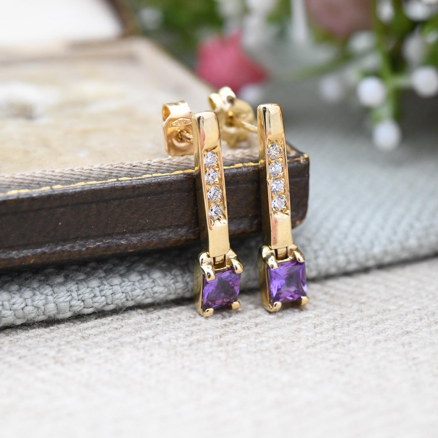 Vintage 9ct Gold Amethyst Drop Earrings - with Sparkly Clear Stone Pave Bar Drop | Contemporary Solid Gold Dangle Studs | Butterfly Backs