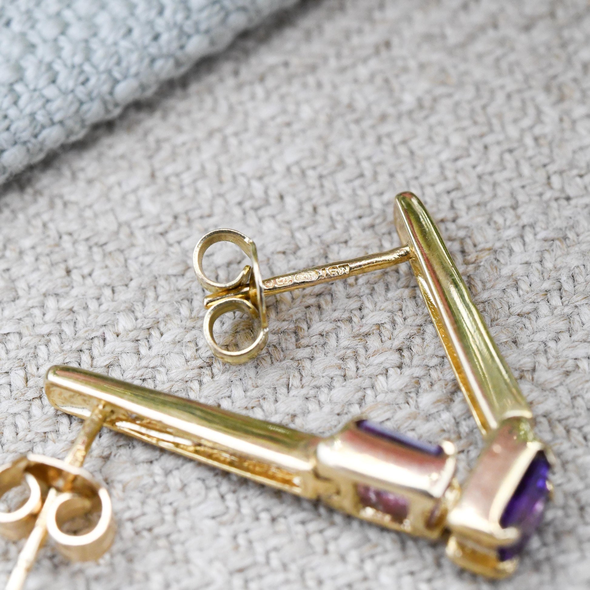 Vintage 9ct Gold Amethyst Drop Earrings - with Sparkly Clear Stone Pave Bar Drop | Contemporary Solid Gold Dangle Studs | Butterfly Backs