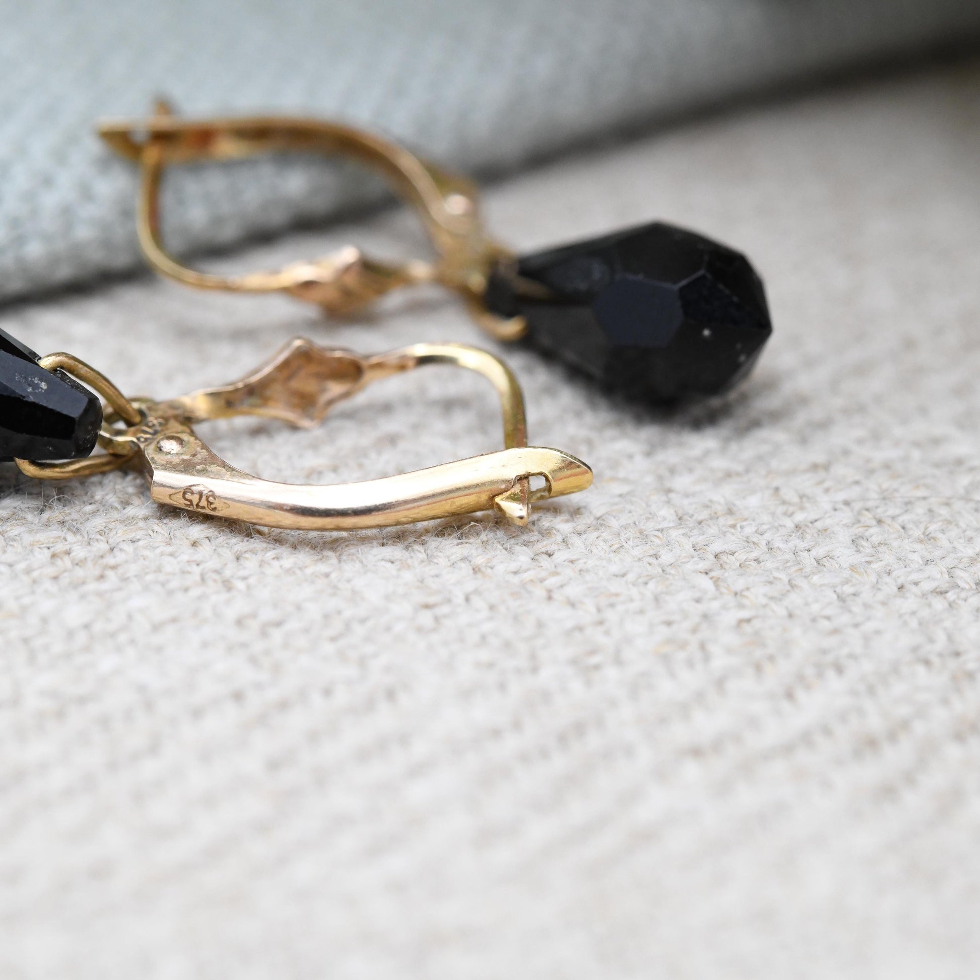 Vintage 9ct Gold Black Crystal Drop Earrings - Faceted Glass Stone | Professional Work Earrings | Pretty Dangle Earrings Latch Back