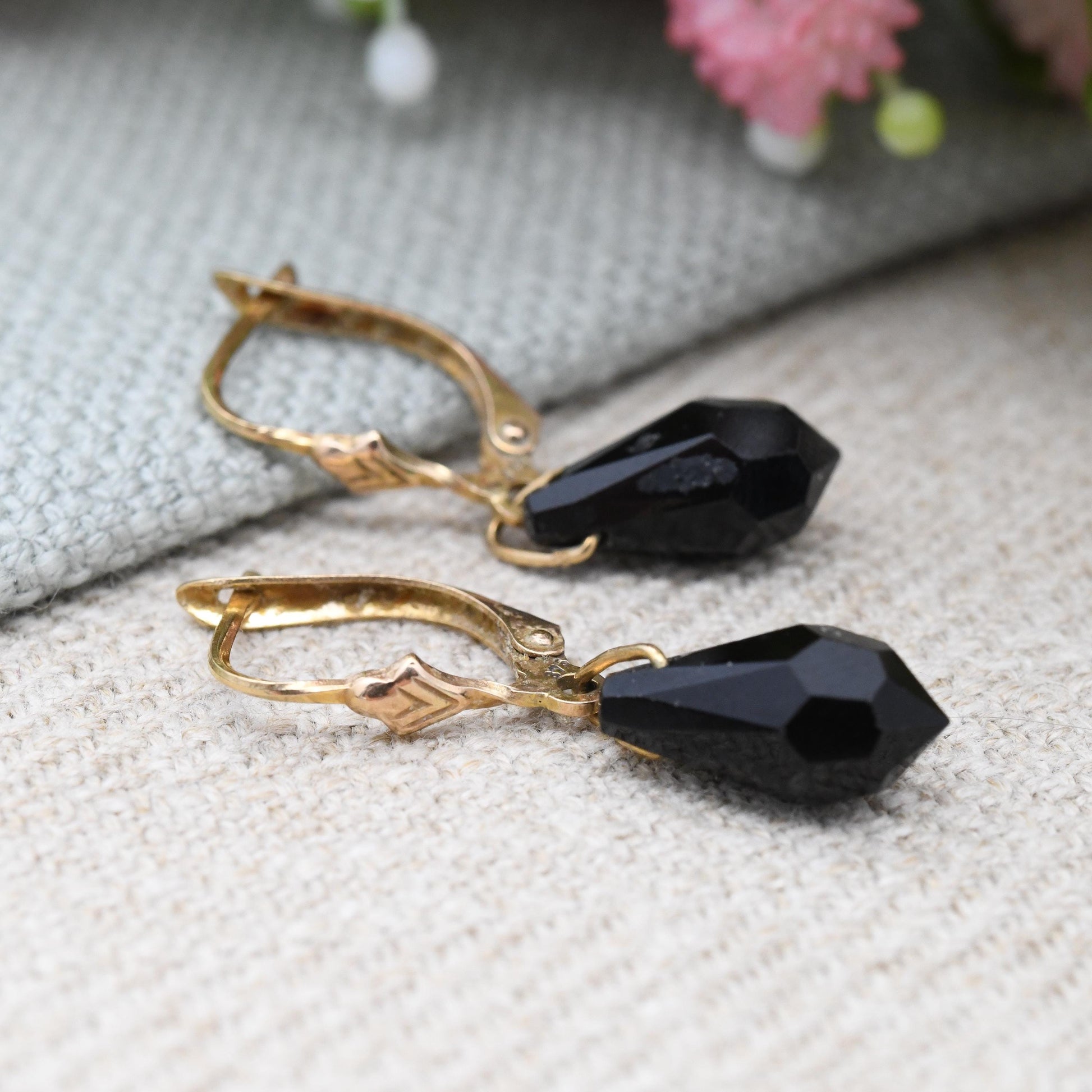 Vintage 9ct Gold Black Crystal Drop Earrings - Faceted Glass Stone | Professional Work Earrings | Pretty Dangle Earrings Latch Back