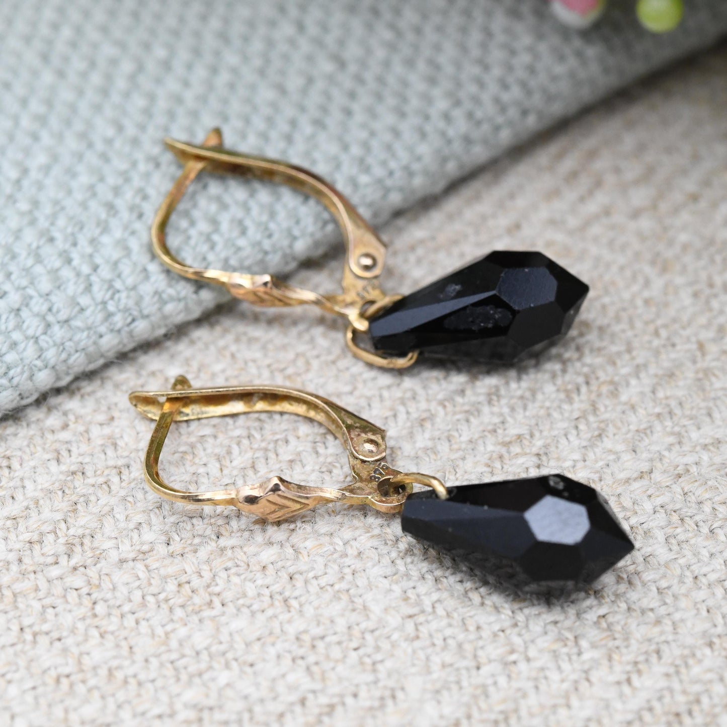 Vintage 9ct Gold Black Crystal Drop Earrings - Faceted Glass Stone | Professional Work Earrings | Pretty Dangle Earrings Latch Back