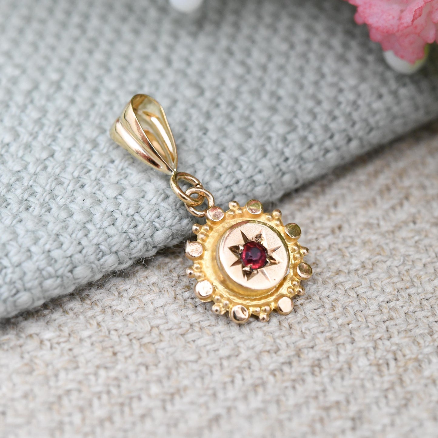 Antique 9ct Gold Garnet Pendant Victorian Stick Pin Conversion - Miniature Star Set Gemstone Charm for Necklace | Small Gold Jewellery Gift