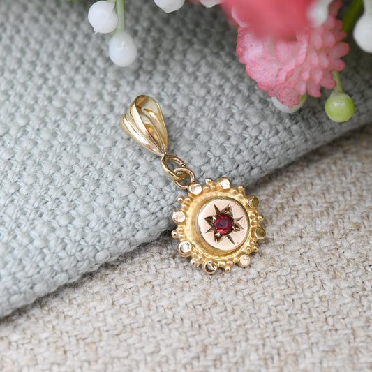 Antique 9ct Gold Garnet Pendant Victorian Stick Pin Conversion - Miniature Star Set Gemstone Charm for Necklace | Small Gold Jewellery Gift