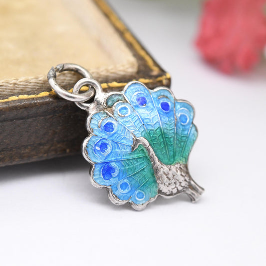 Vintage Sterling Silver Enamel Peacock Charm Pendant Blue Green Feathers - Bird Animal Jewellery for Charm Bracelet Necklace Stack