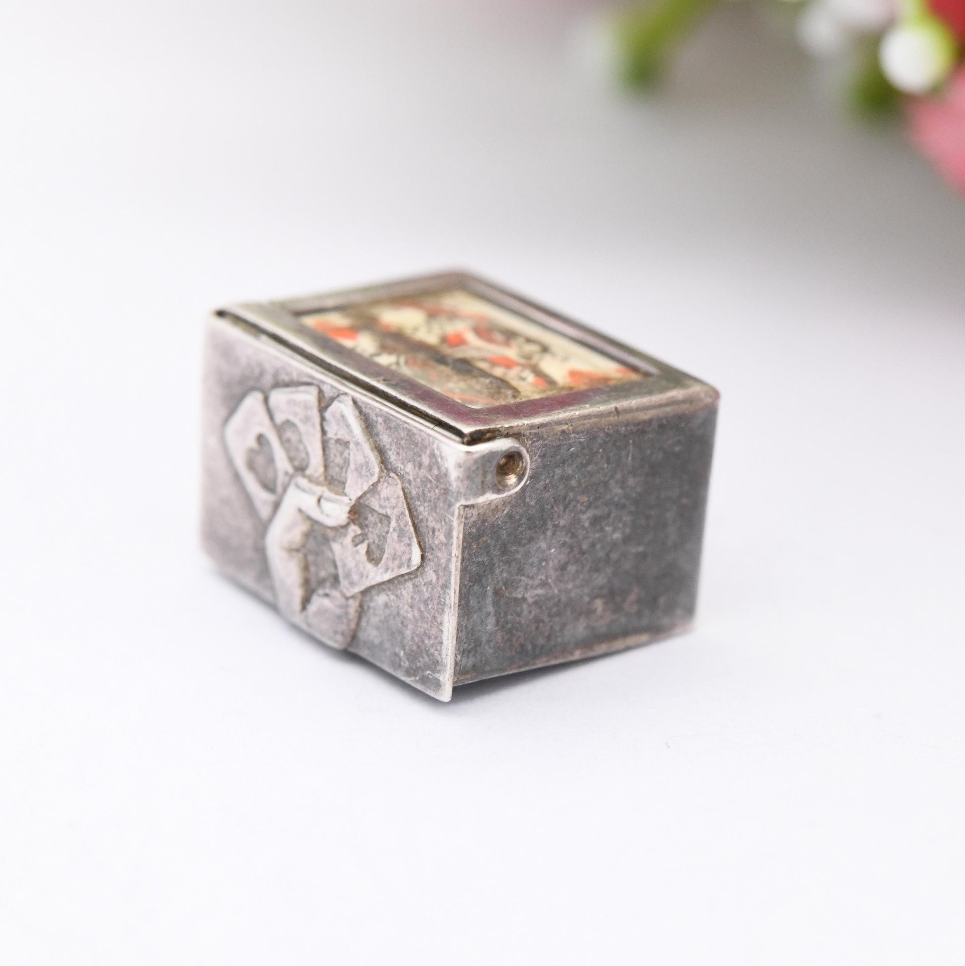 Vintage Pack of Playing Cards Charm Pendant Sterling Silver Box - Novelty Miniature Traditional Set of Cards Articulated Opening Charm Gift