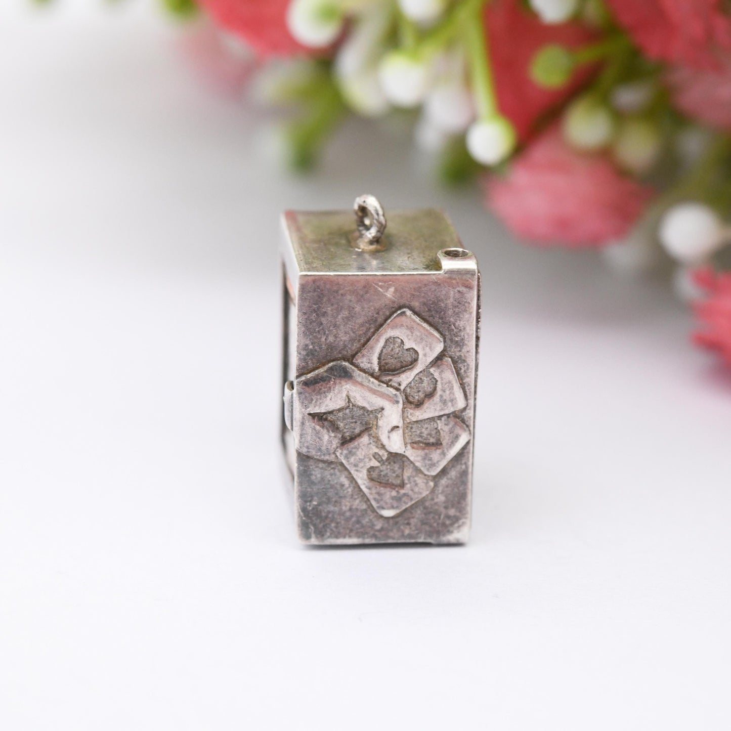 Vintage Pack of Playing Cards Charm Pendant Sterling Silver Box - Novelty Miniature Traditional Set of Cards Articulated Opening Charm Gift