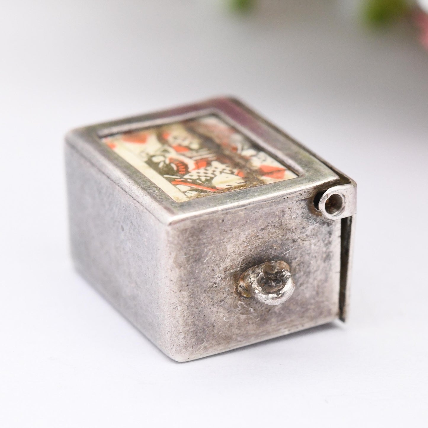 Vintage Pack of Playing Cards Charm Pendant Sterling Silver Box - Novelty Miniature Traditional Set of Cards Articulated Opening Charm Gift