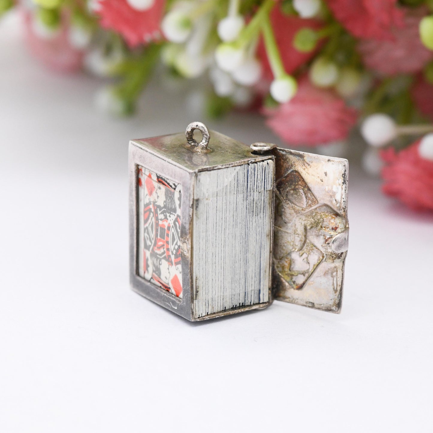 Vintage Pack of Playing Cards Charm Pendant Sterling Silver Box - Novelty Miniature Traditional Set of Cards Articulated Opening Charm Gift