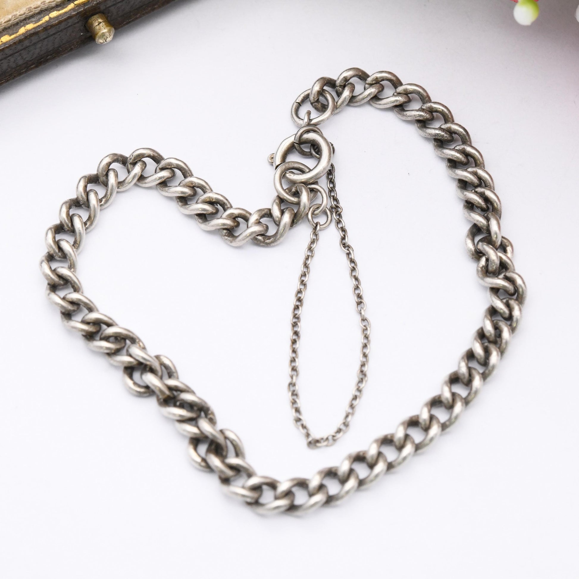 Vintage Sterling Silver Chain Bracelet - Rounded Curb Links | Charm Bracelet with Safety Chain