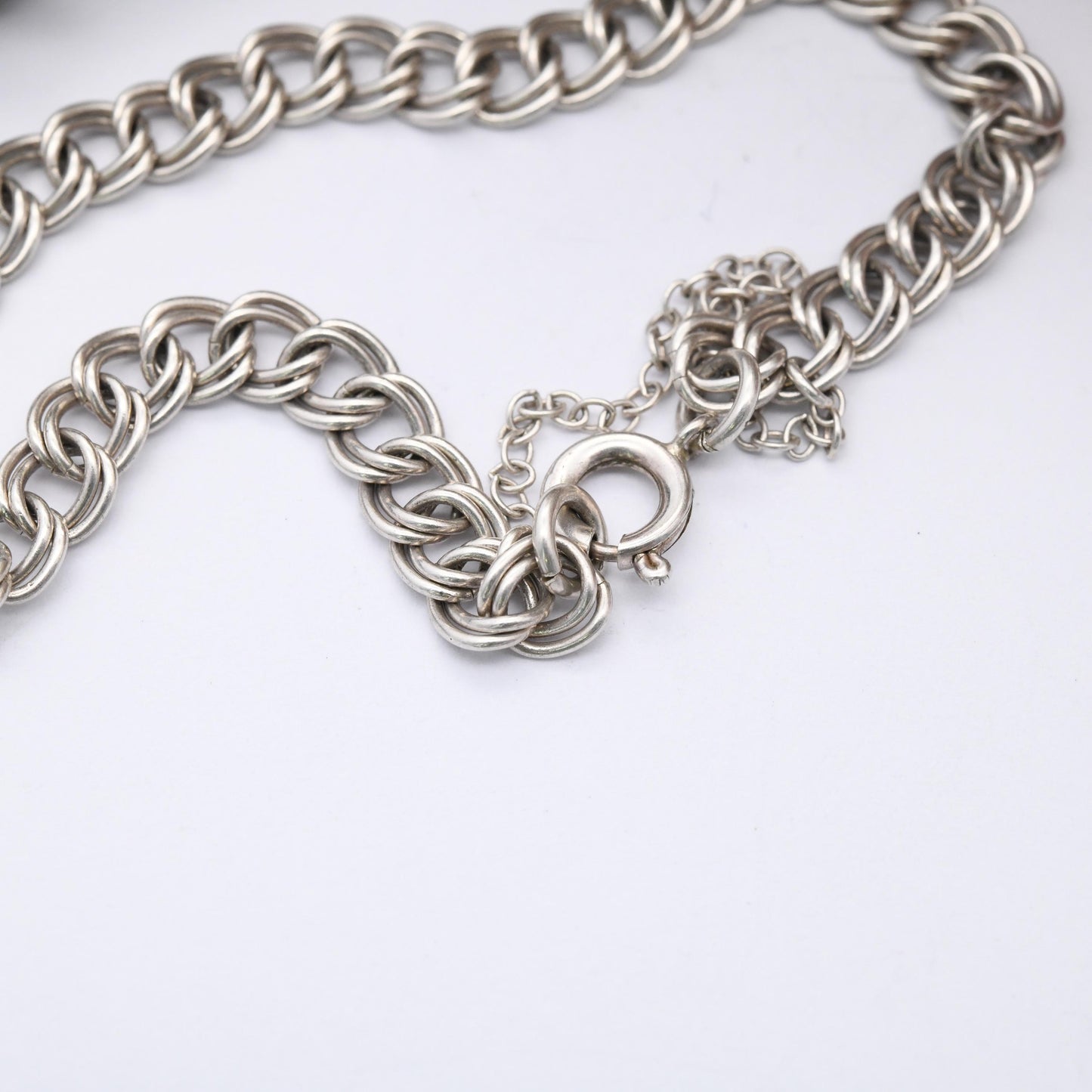 Antique Sterling Silver Chain Bracelet - Rounded Double Curb Links | Charm Bracelet with Safety Chain