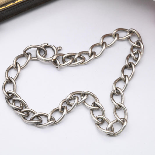 True Vintage Sterling Silver Chain Bracelet - Rounded Long Curb Links | Charm Bracelet