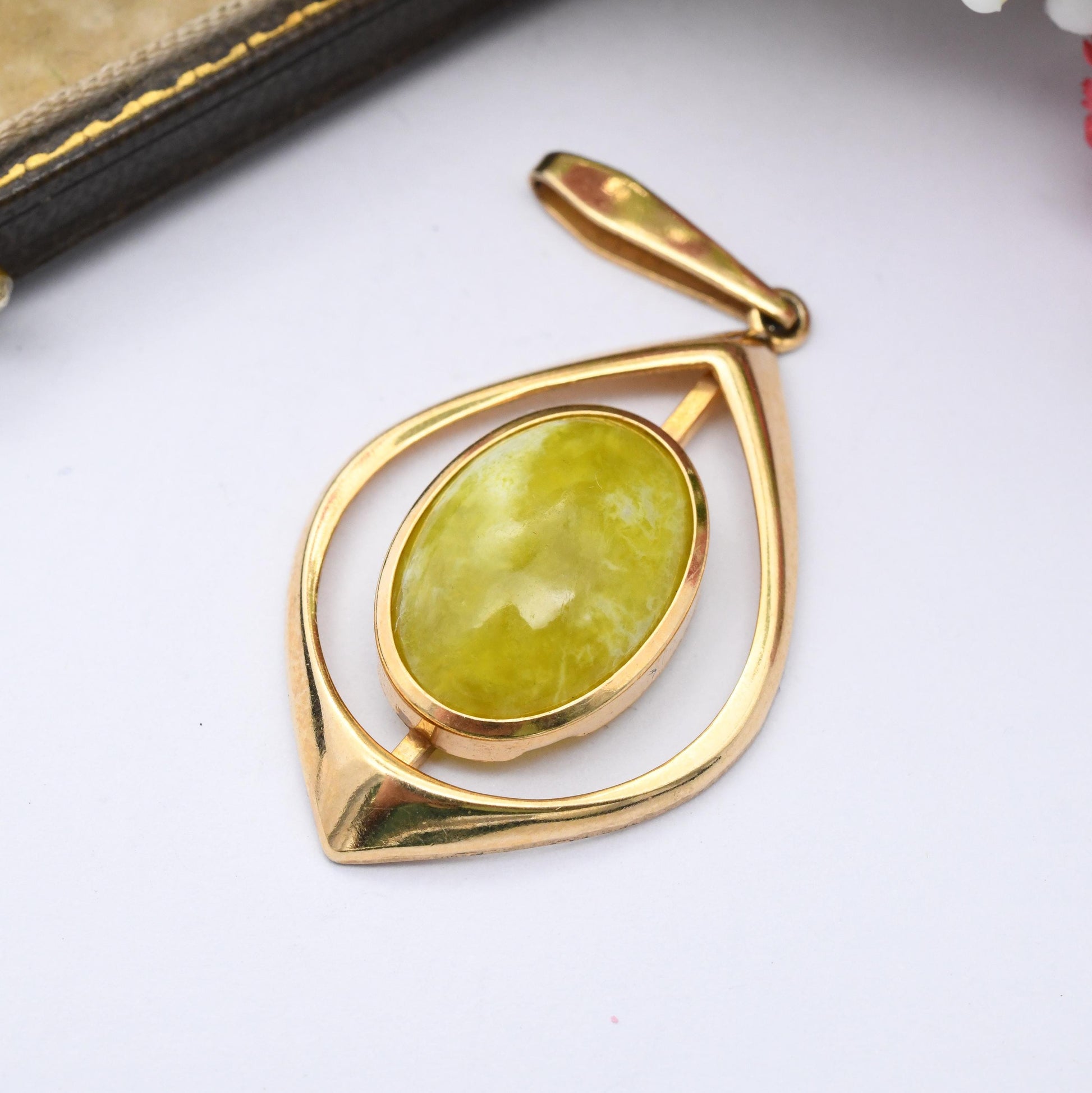 Vintage Kordes and Lichtenfels 14ct Rolled Gold Pendant K&L - Mid-Century Large Green Semi-Precious Gemstone 1960s German Designer Cabochon