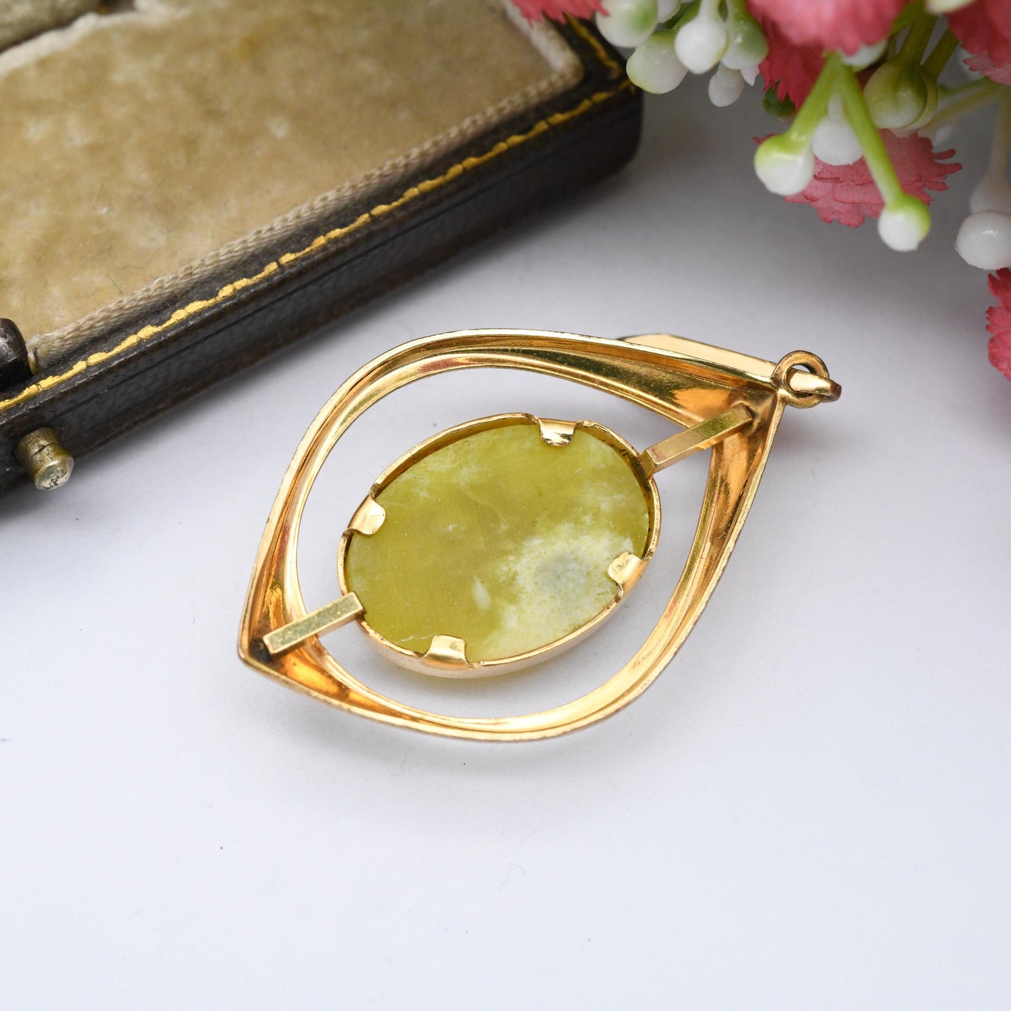 Vintage Kordes and Lichtenfels 14ct Rolled Gold Pendant K&L - Mid-Century Large Green Semi-Precious Gemstone 1960s German Designer Cabochon