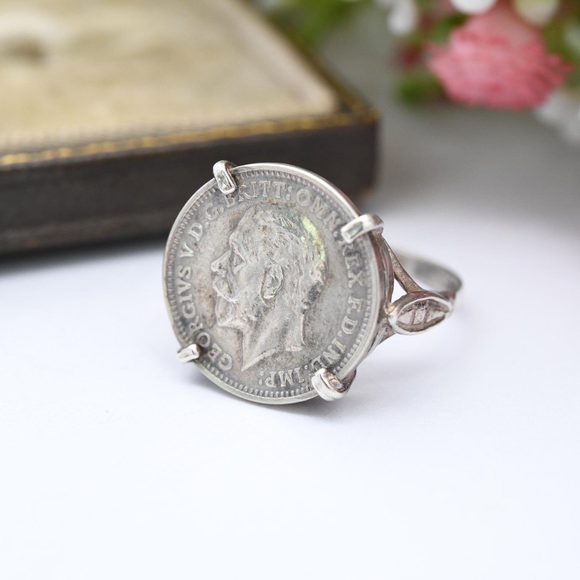 Vintage Silver George V Threepence Coin 1934 Signet Ring - English Royal Family Coin Jewellery | UK Size - M 1/2 | US Size - 6 1/4