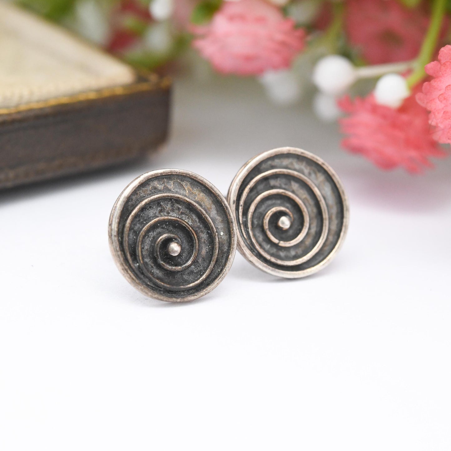 Vintage Sterling Silver Spiral Stud Earrings - Pretty Circle Studs | Minimalist Silver Jewellery Gift for Her