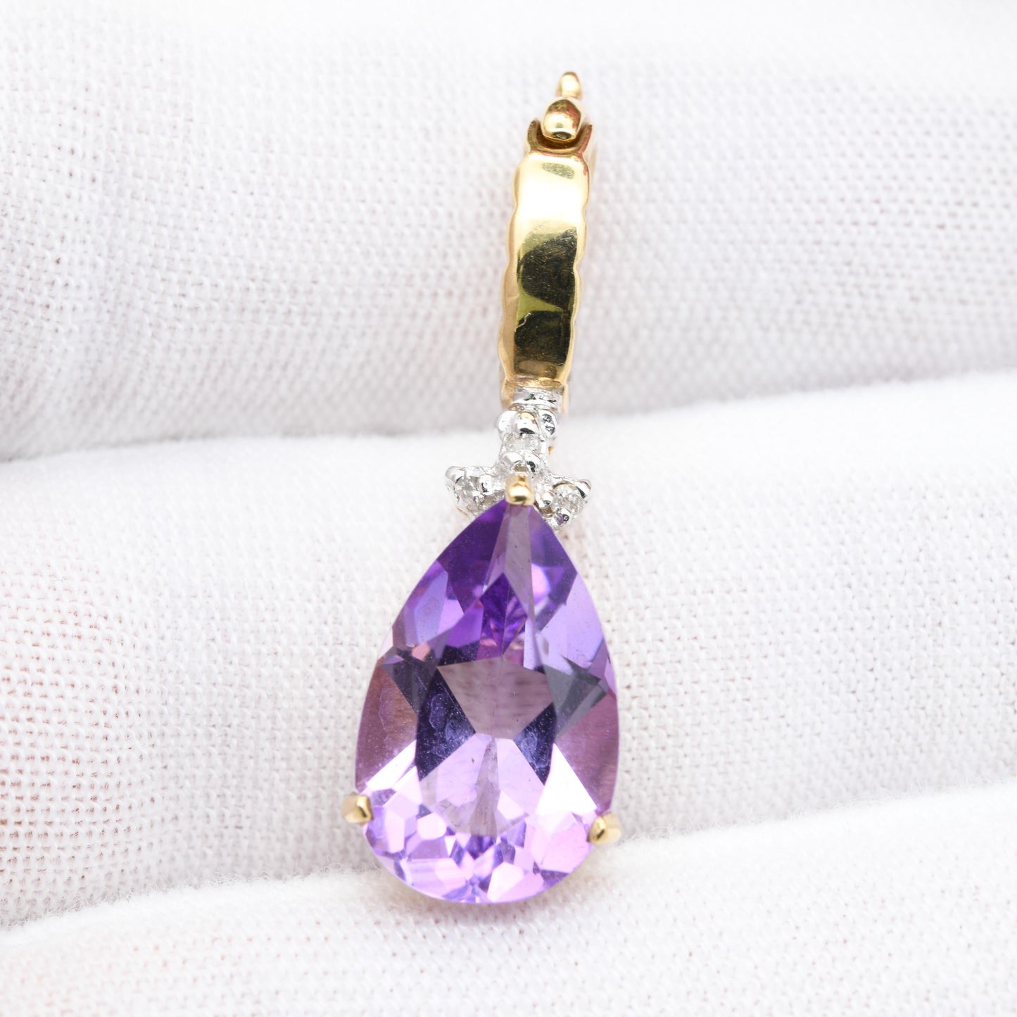 9ct Gold Amethyst and Diamond Teardrop Pendant with Clasp Latch Bale - Pretty Gold Gift for Her