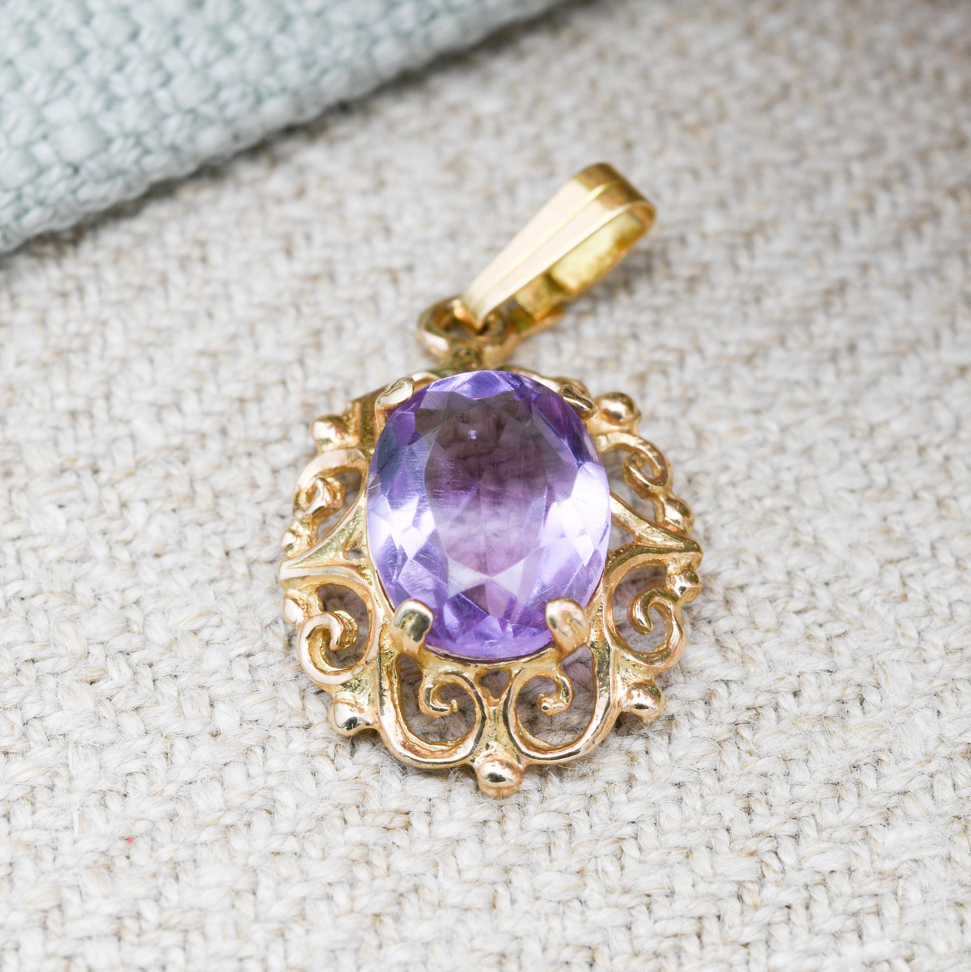 Vintage Ornate 9ct Gold Amethyst Pendant 1979 - Pretty Gold Gift for Her | Mid-Century Antique Revival | Large Purple Stone