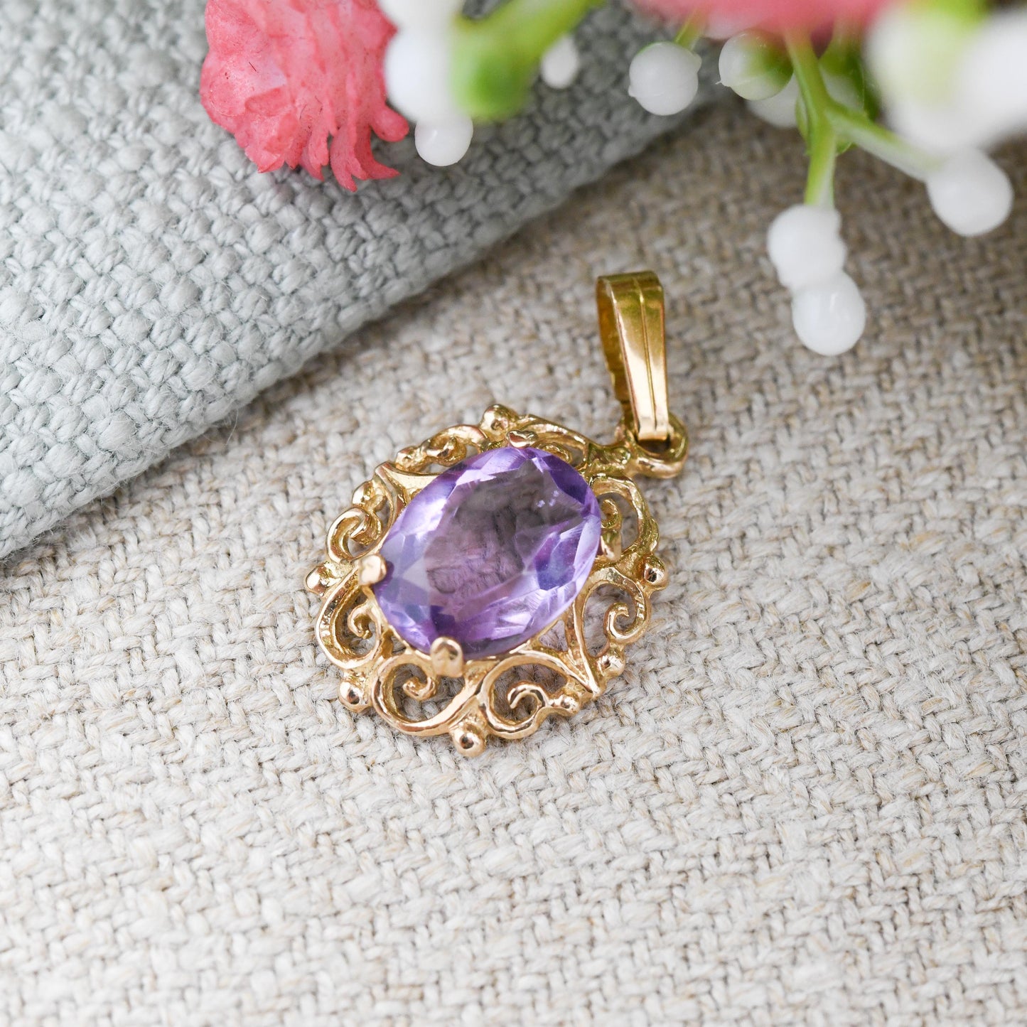 Vintage Ornate 9ct Gold Amethyst Pendant 1979 - Pretty Gold Gift for Her | Mid-Century Antique Revival | Large Purple Stone