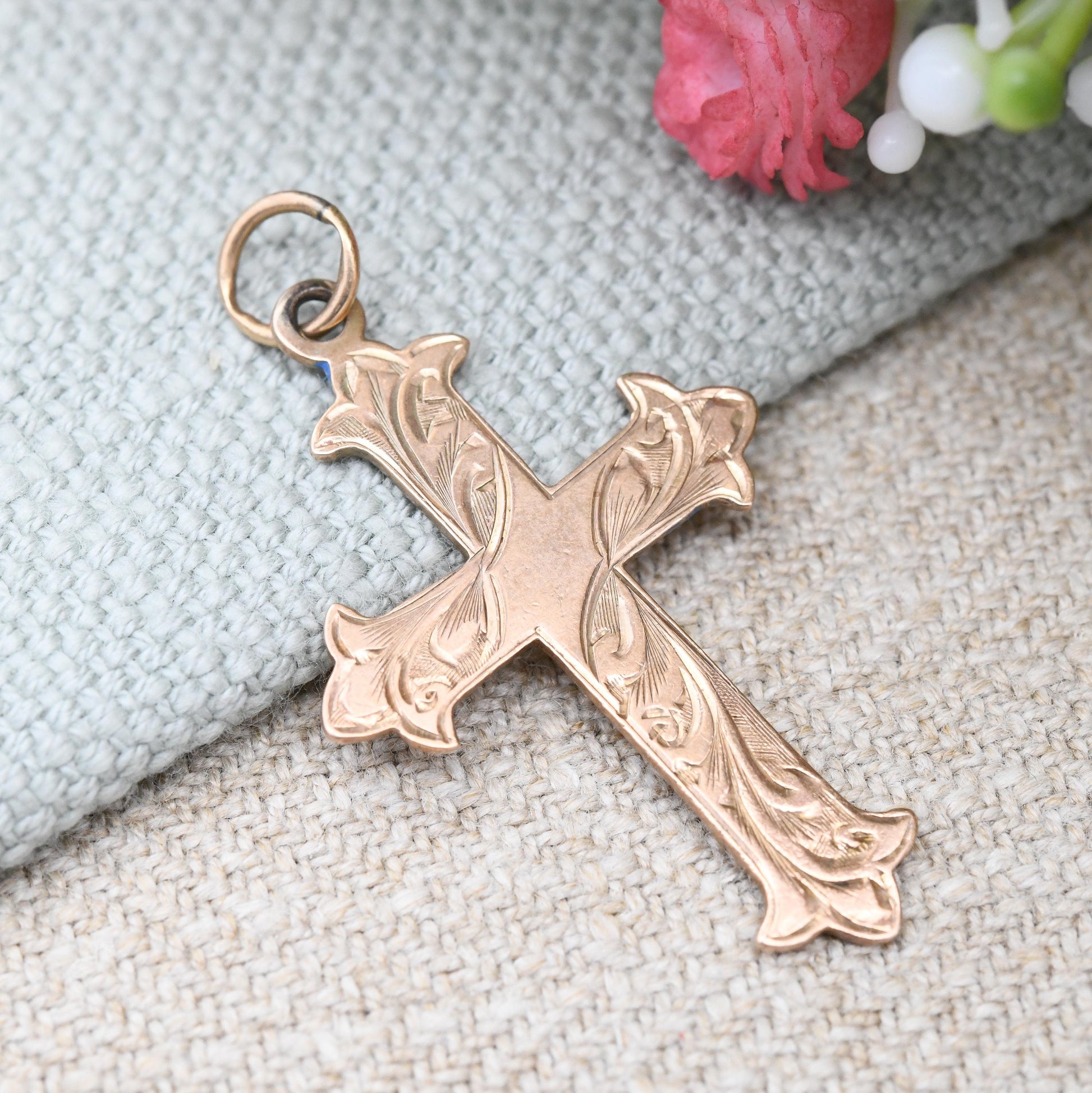 Antique 9ct Gold Cross Pendant 1918 Chester Hallmarks - Scrolling Engraving | Gift for Christening Baptism | Antique Rose Gold