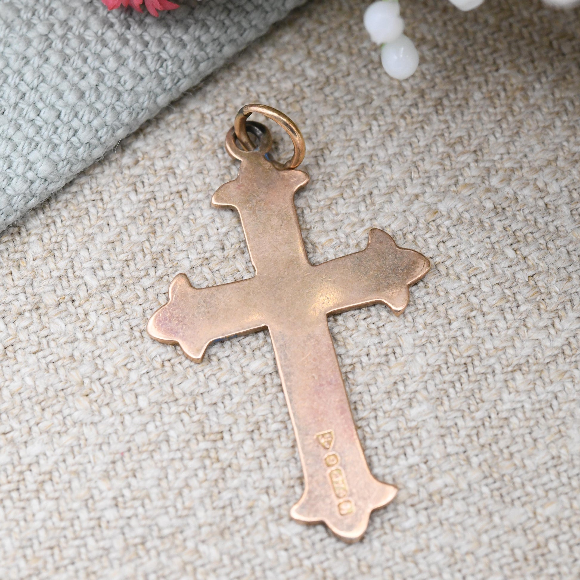 Antique 9ct Gold Cross Pendant 1918 Chester Hallmarks - Scrolling Engraving | Gift for Christening Baptism | Antique Rose Gold