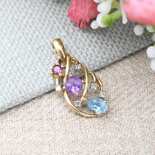 9ct Gold Mixed Gemstone Pendant 2000s - Pretty Gold Gift for Her | Multi-Stone Gold Jewellery Colourful Gems